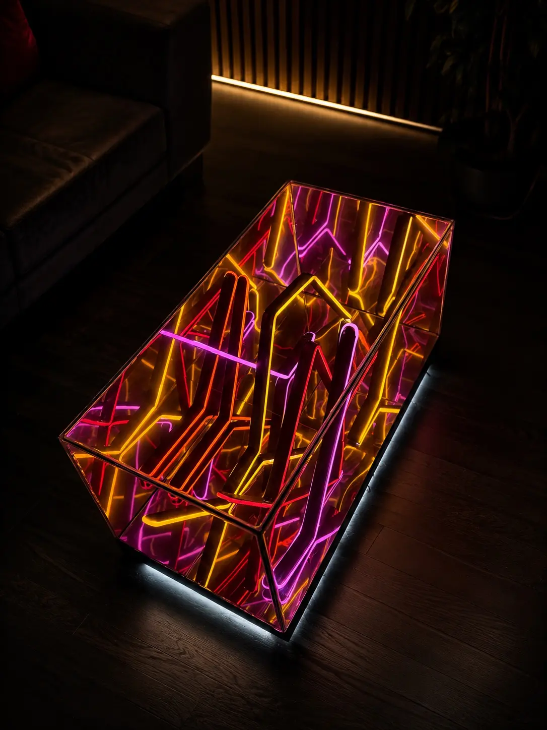 Top view of a sunset-color 36-inch Infinity Mirror table