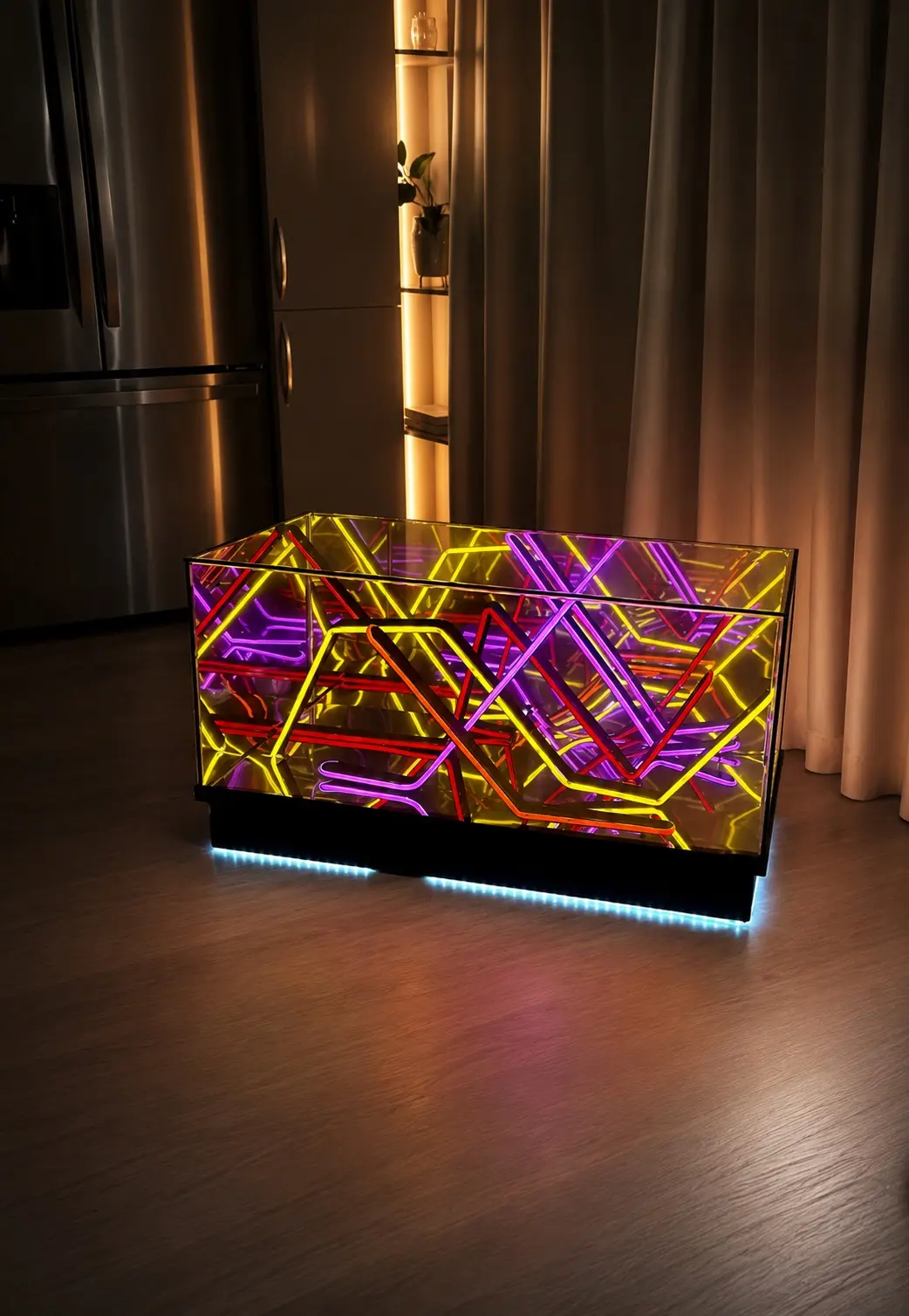 Front view of a fixed sunset-color Infinity Mirror table