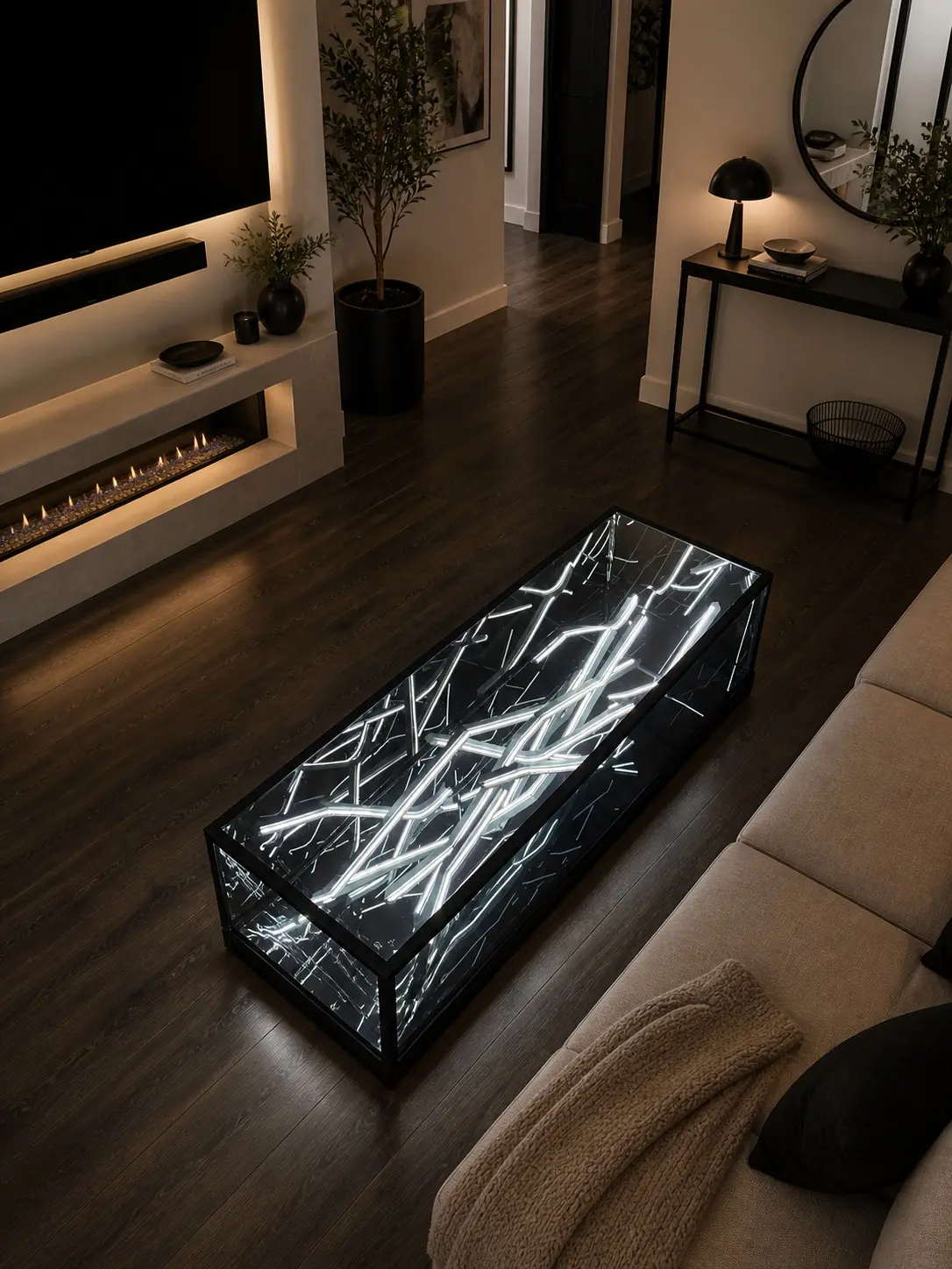 Top view of a 48-inch fixed-light Infinity Mirror table
