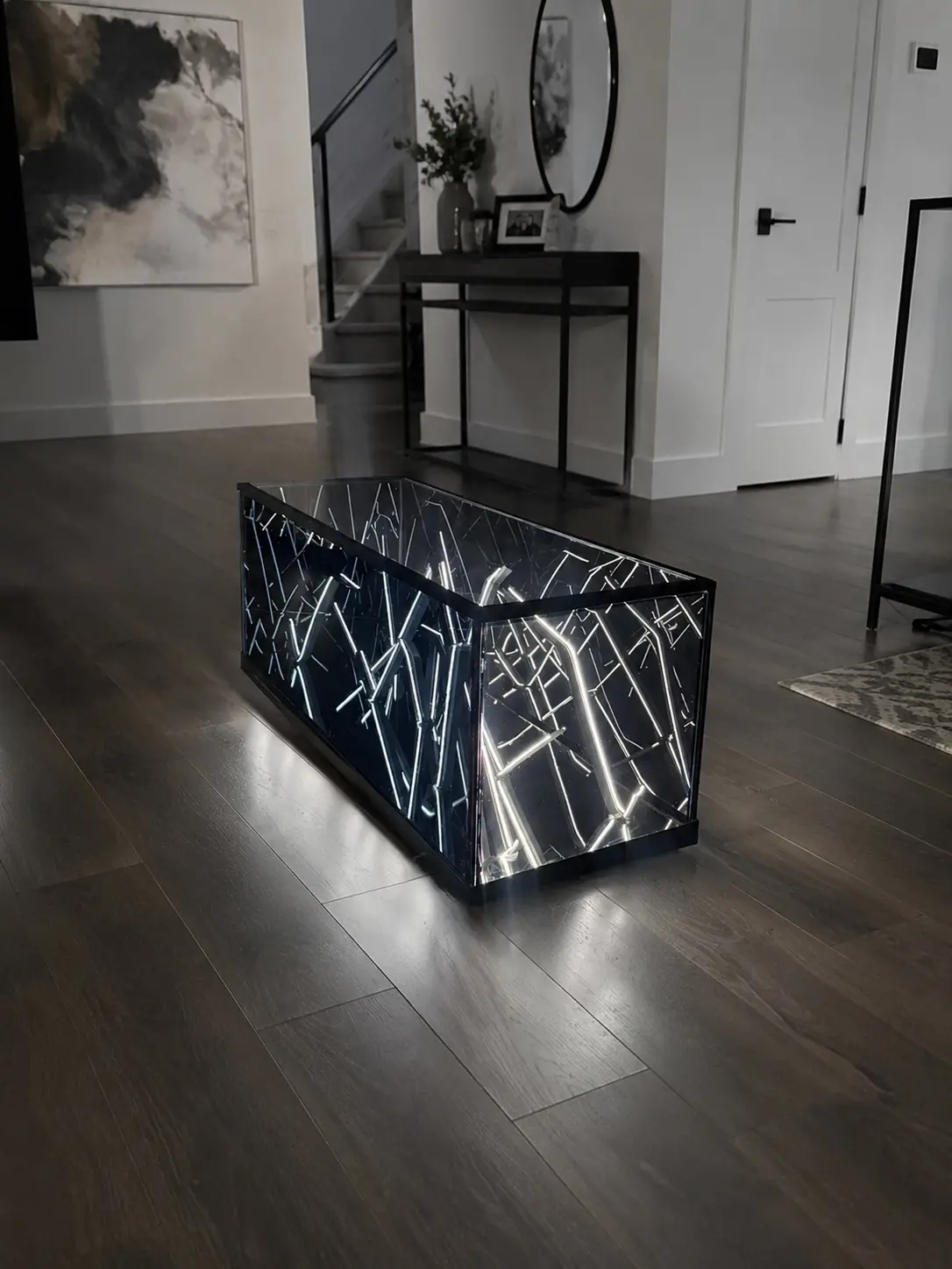 Side view of a 48-inch fixed-light Infinity Mirror table