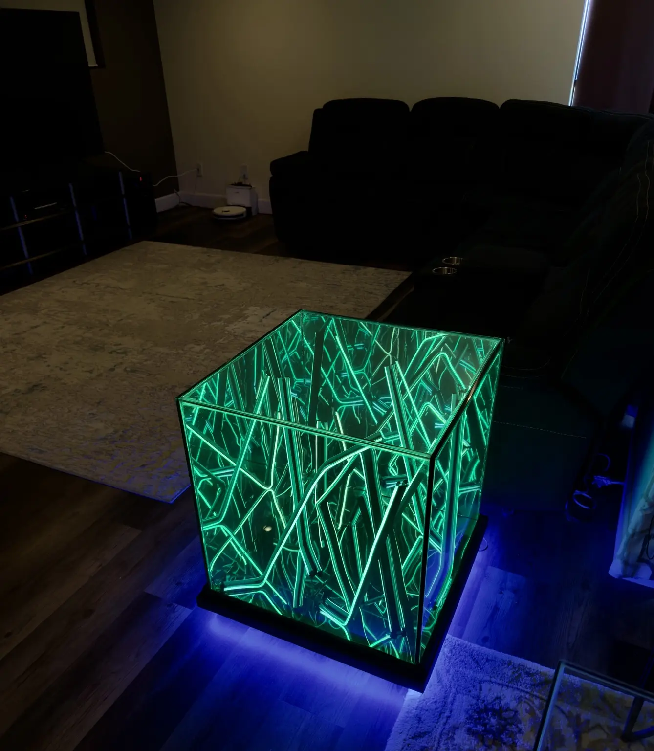 Square RGB Infinity Mirror table illuminated in green