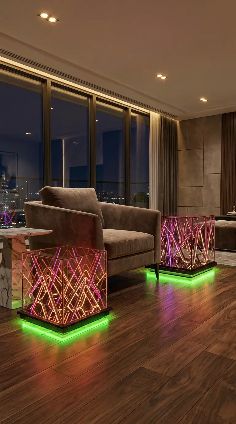 Two MaxLumire RGB Square table sizes in a modern interior