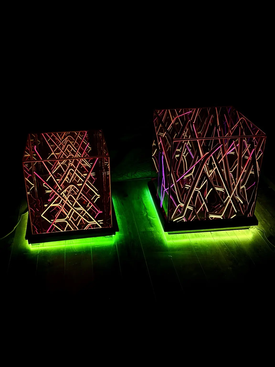 Two RGB Square Infinity Mirror tables at night