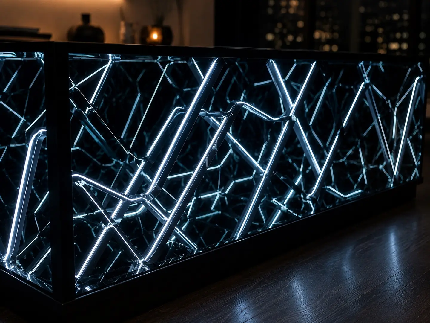 Close-up of a white-light MaxLumire Infinity Mirror table