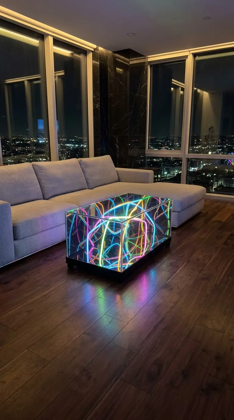 Color-lit MaxLumire table in a high-rise living room