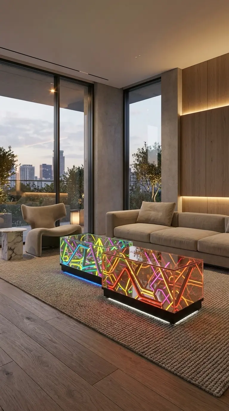 Two illuminated MaxLumire tables in a modern interior
