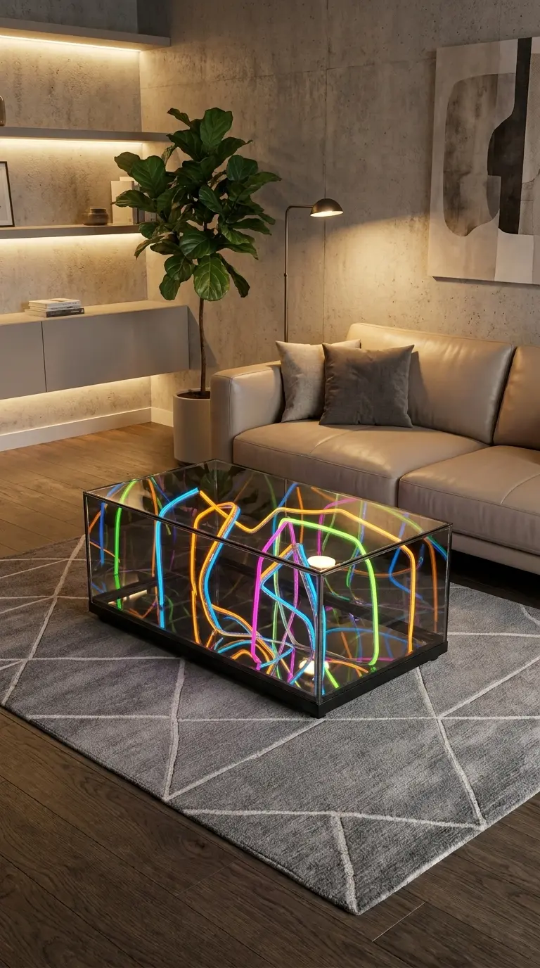 Multicolor custom table in a contemporary neutral living room