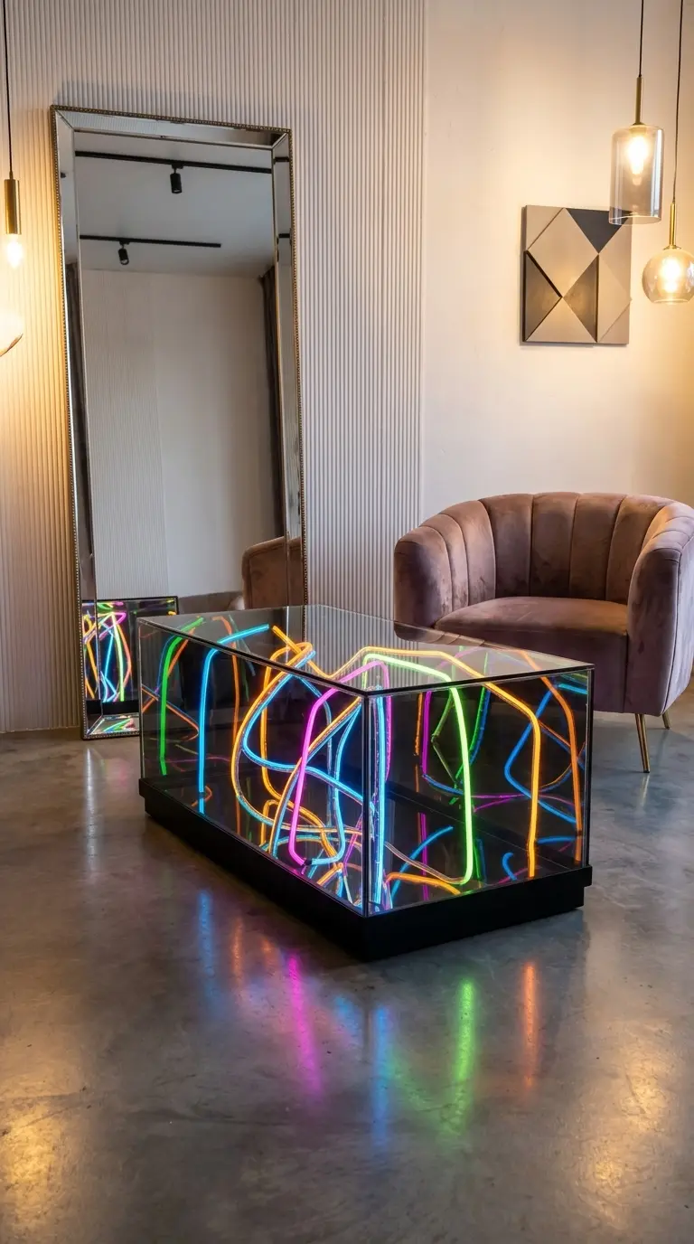 Custom RGB table beside a sculptural lounge chair