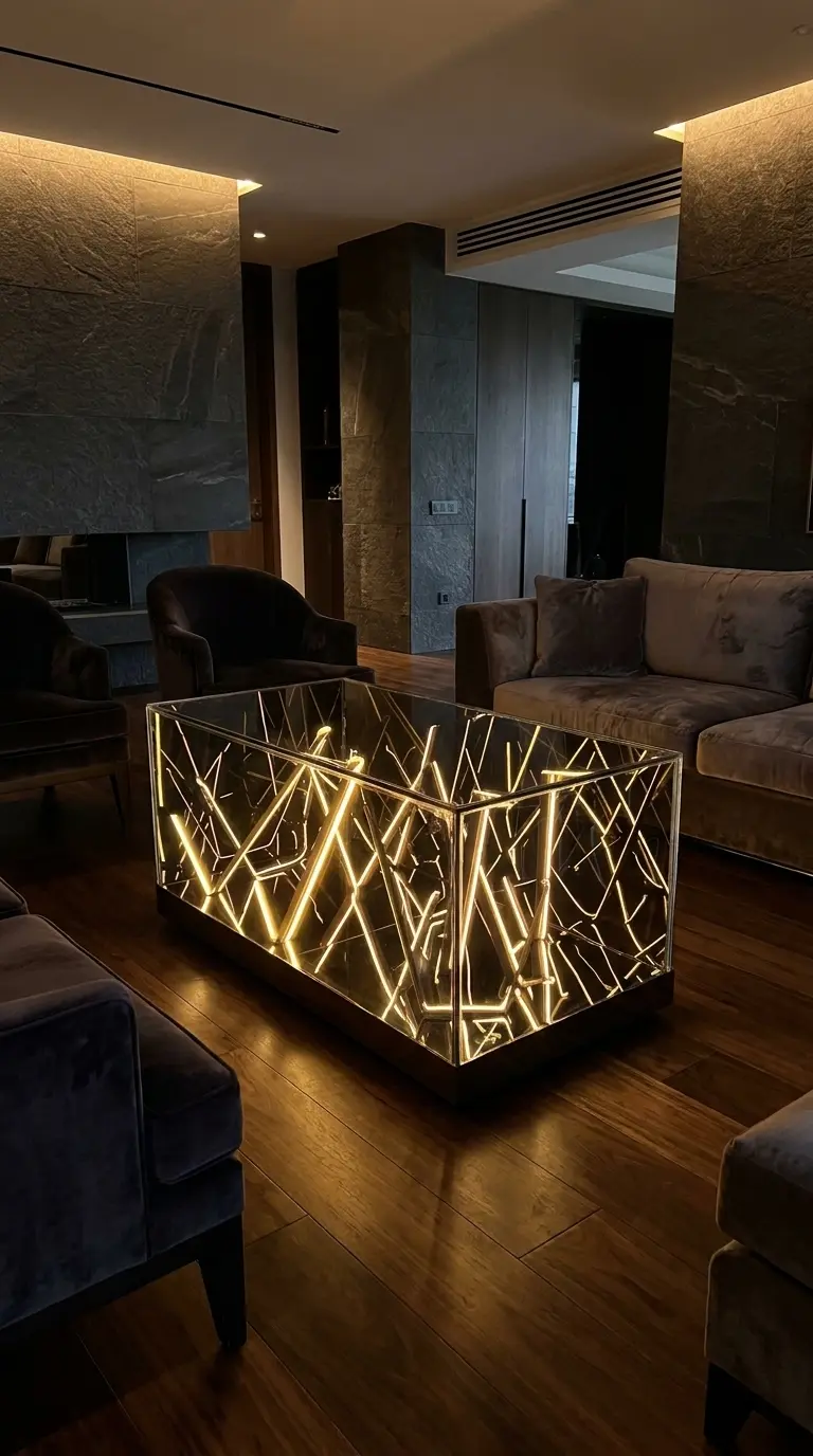 Warm-white custom table in a dark stone and walnut living room