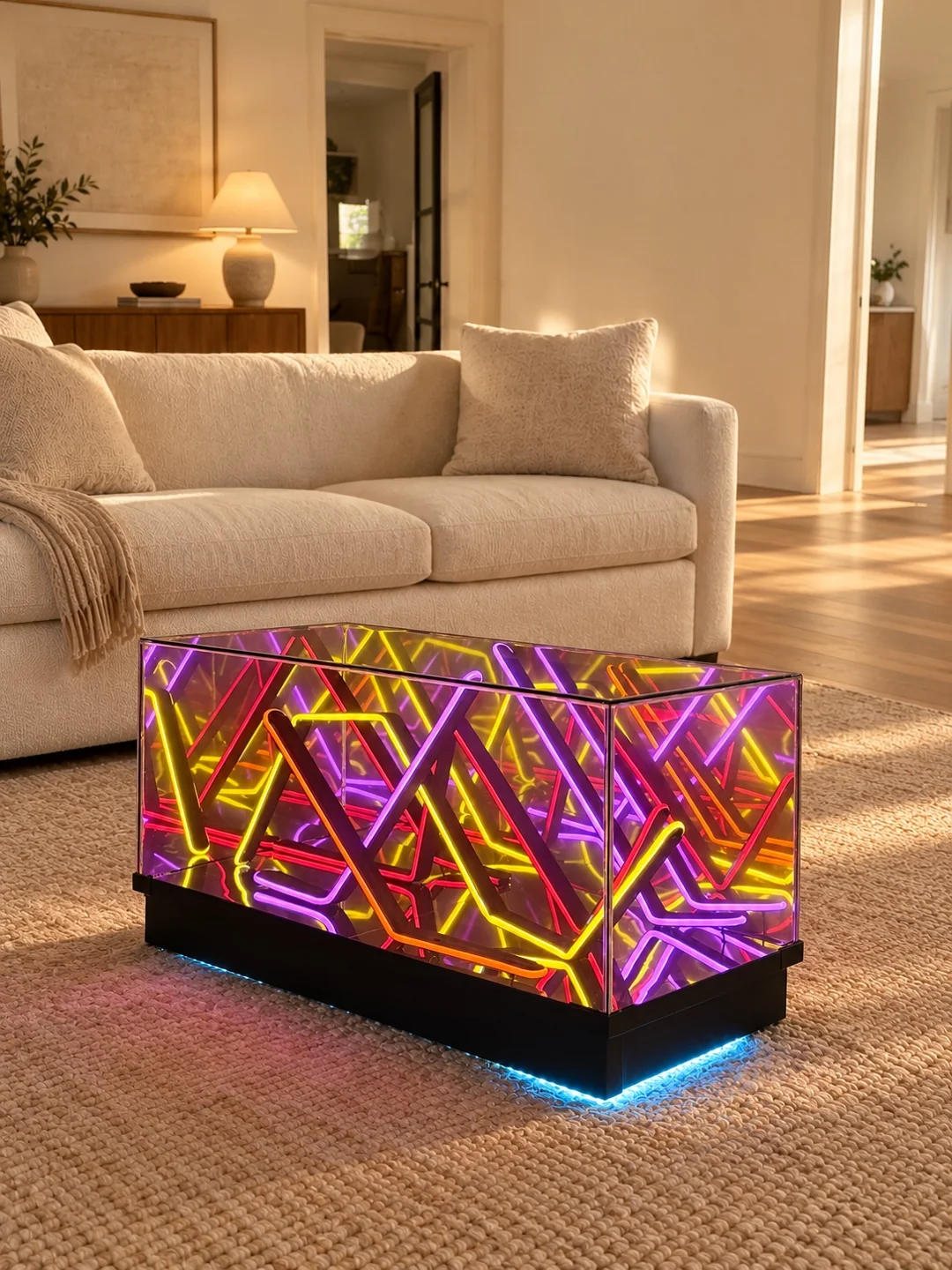Glass Infinity Mirror table with pink and golden illuminated patterns and cyan underglow