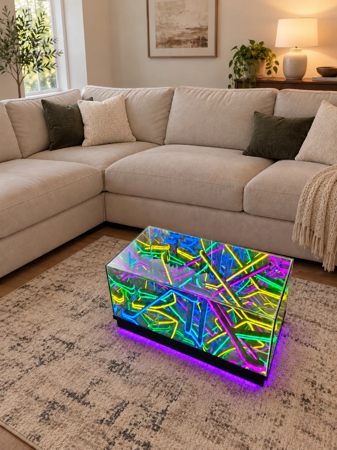Elevated view of a rectangular glass fixed multicolor table with multicolor reflections and purple base lighting