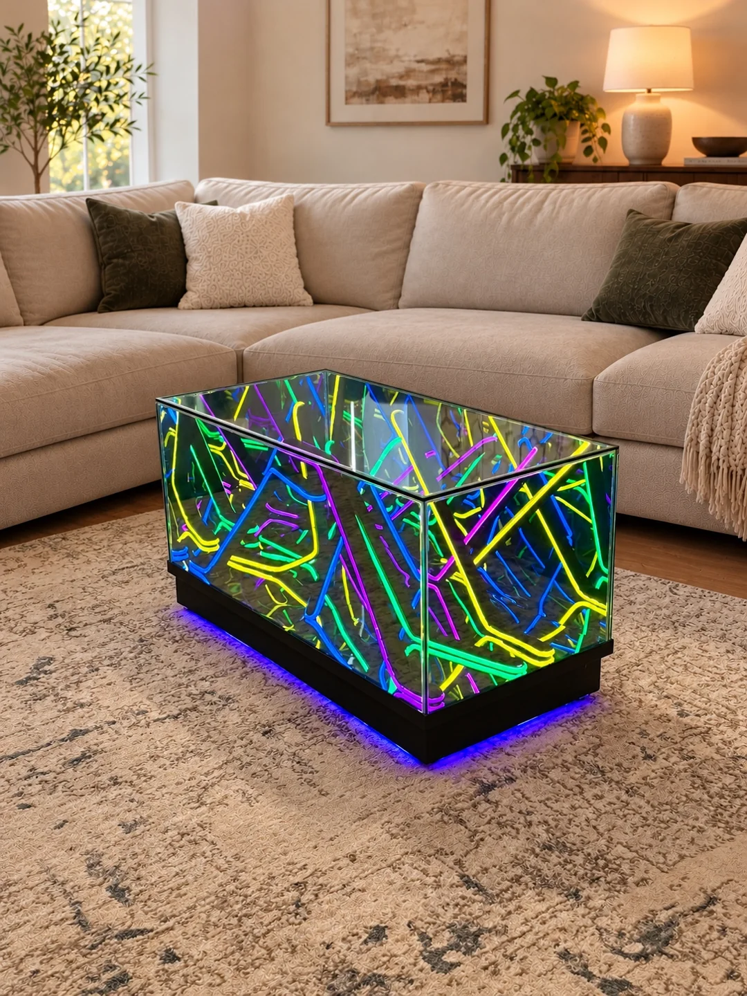 Rectangular fixed multicolor Infinity Mirror coffee table with purple underglow beside a beige sofa