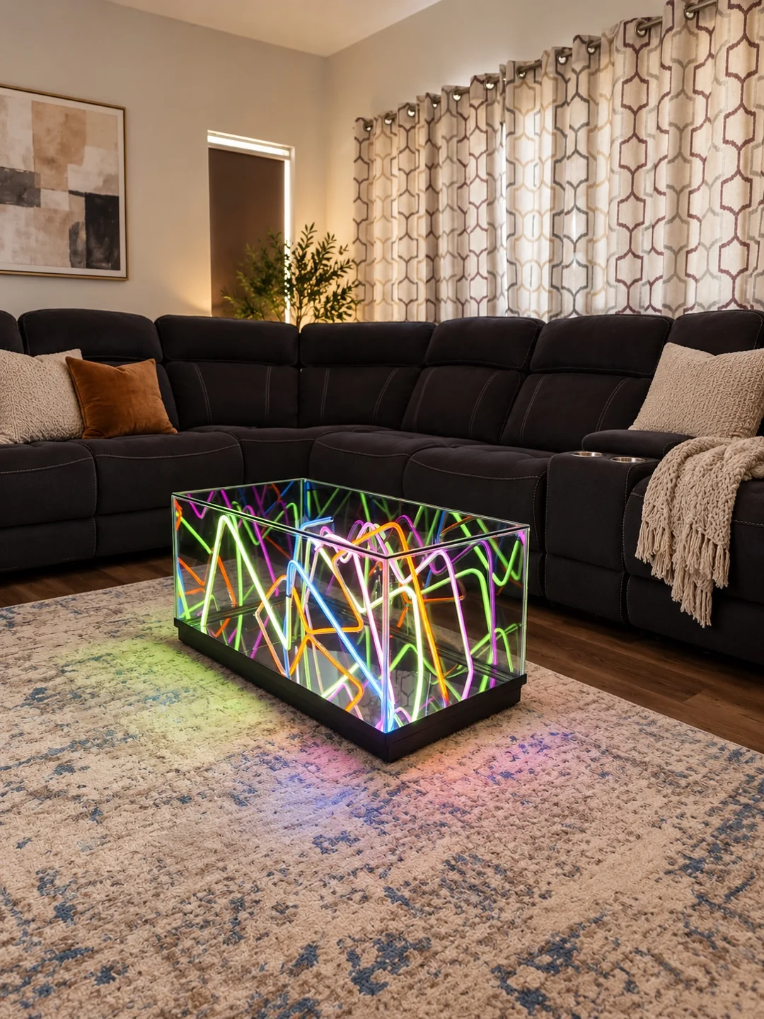 Multicolor Infinity Mirror coffee table beside a dark sectional sofa