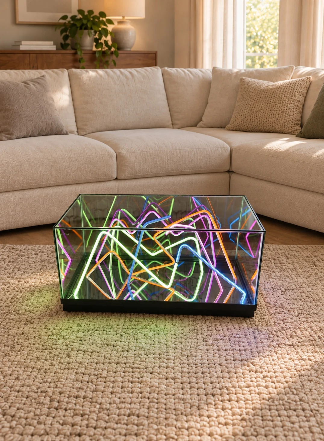 Front view of a rectangular Infinity Mirror table with curved multicolor LED reflections